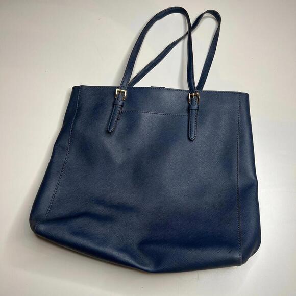 Michael Kors Jet Set Tote Bag Navy Blue Saffiano Leather Gold Logo - Picture 6 of 10